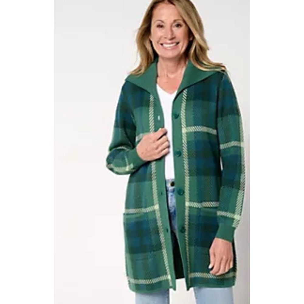 Denim & Co Green Plaid Longline Cardigan Sweater Shawl Collar XL NEW
